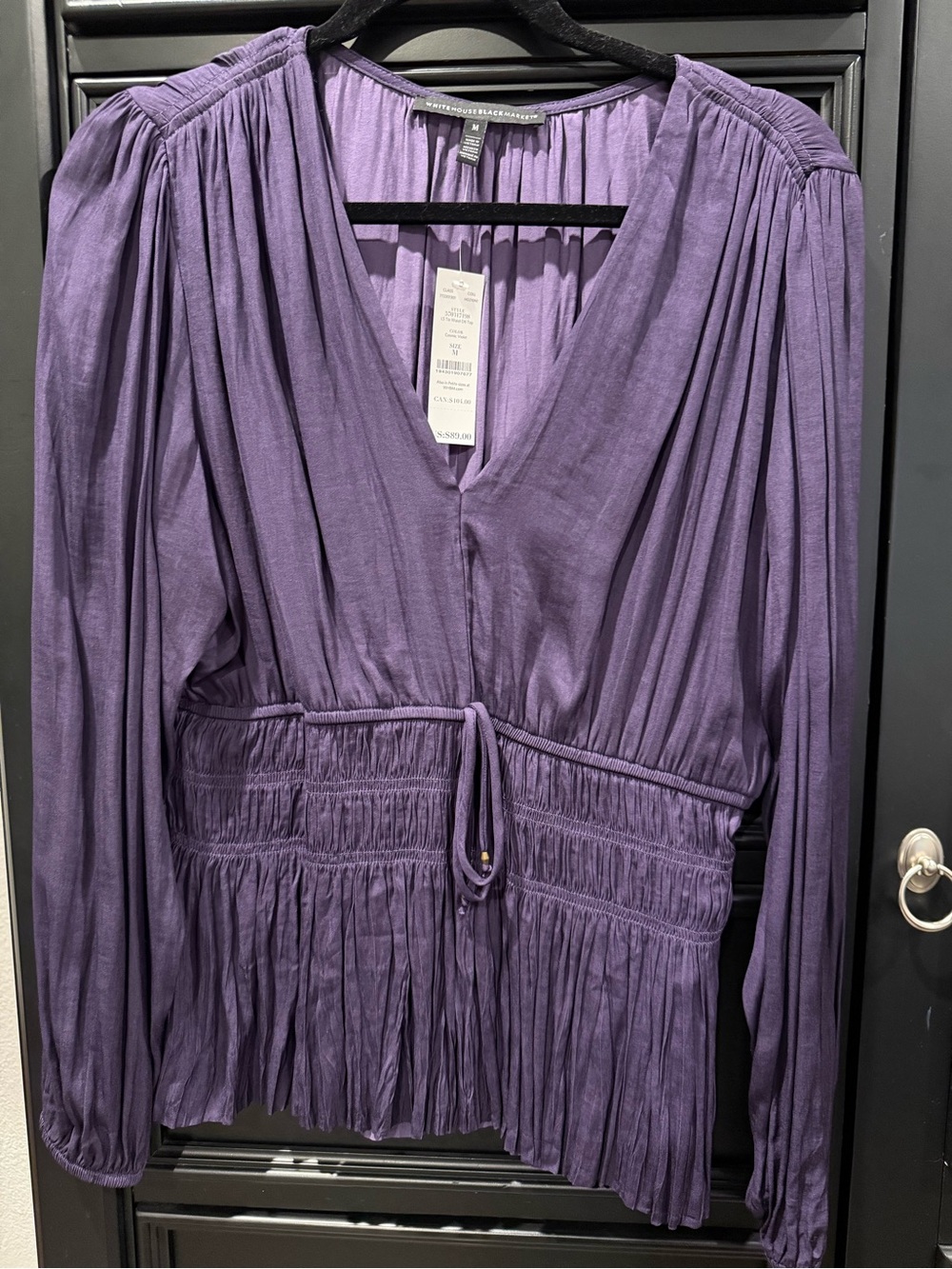 White House Black Market Lavender V-Neck Smocked Waist Blouse